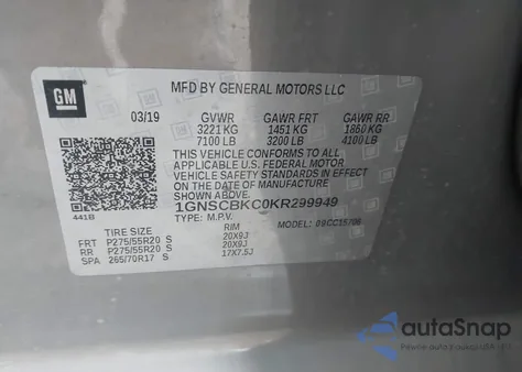 2019 Chevrolet Tahoe Lt z USA, uszkodzony, nr VIN 1GNSCBKC0KR299949